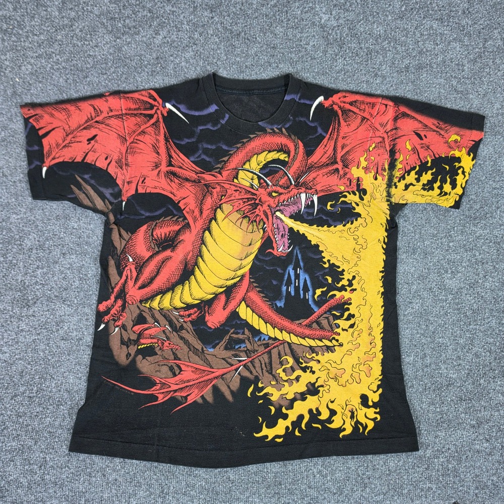 Vintage 1993 AOP Liquid Blue Dungeons And Dragons T-Shirt Mens XL Black AOP